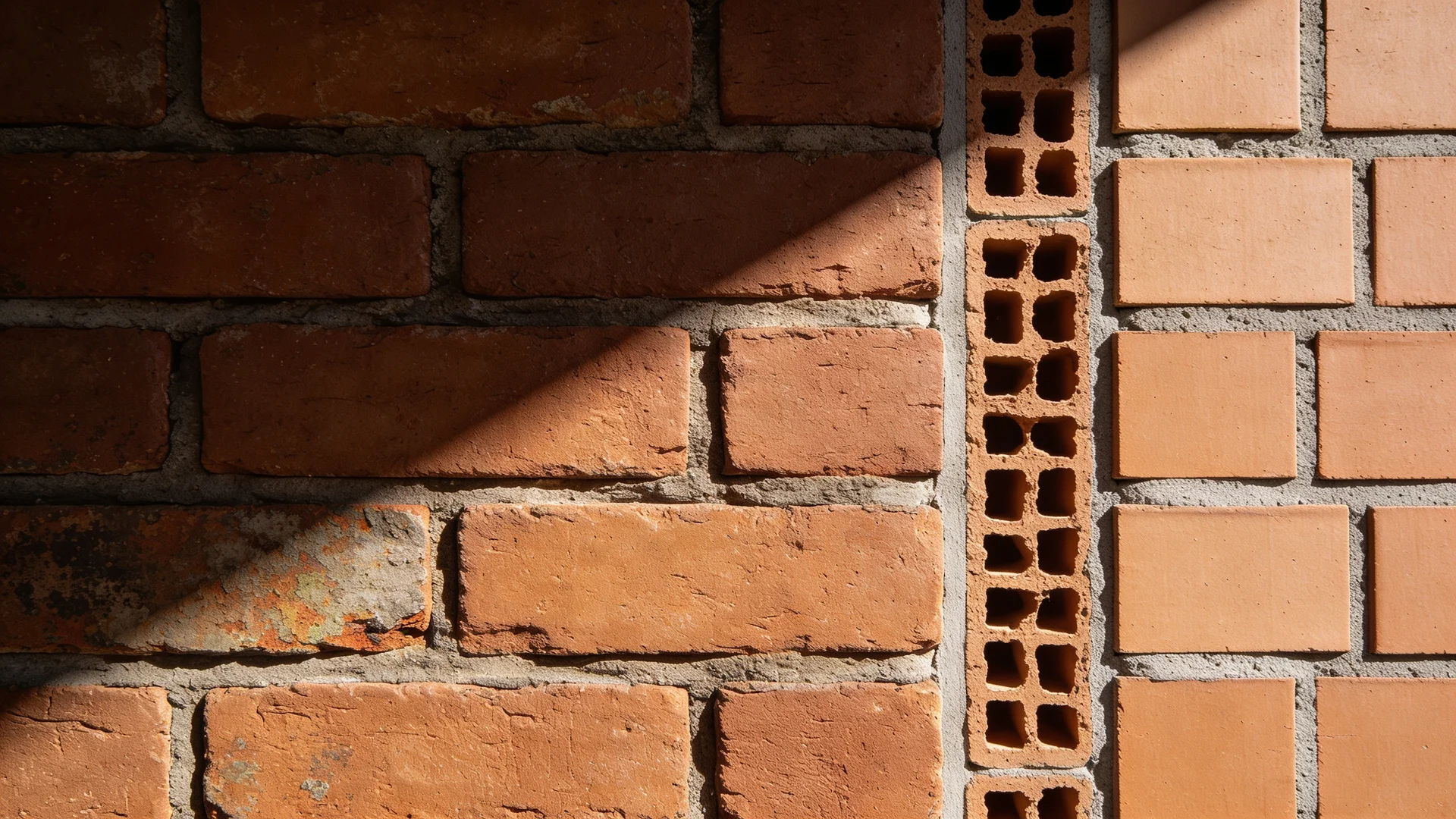 Close-up of solid brick wall and brick veneer wall under construction showing structural contrast.
