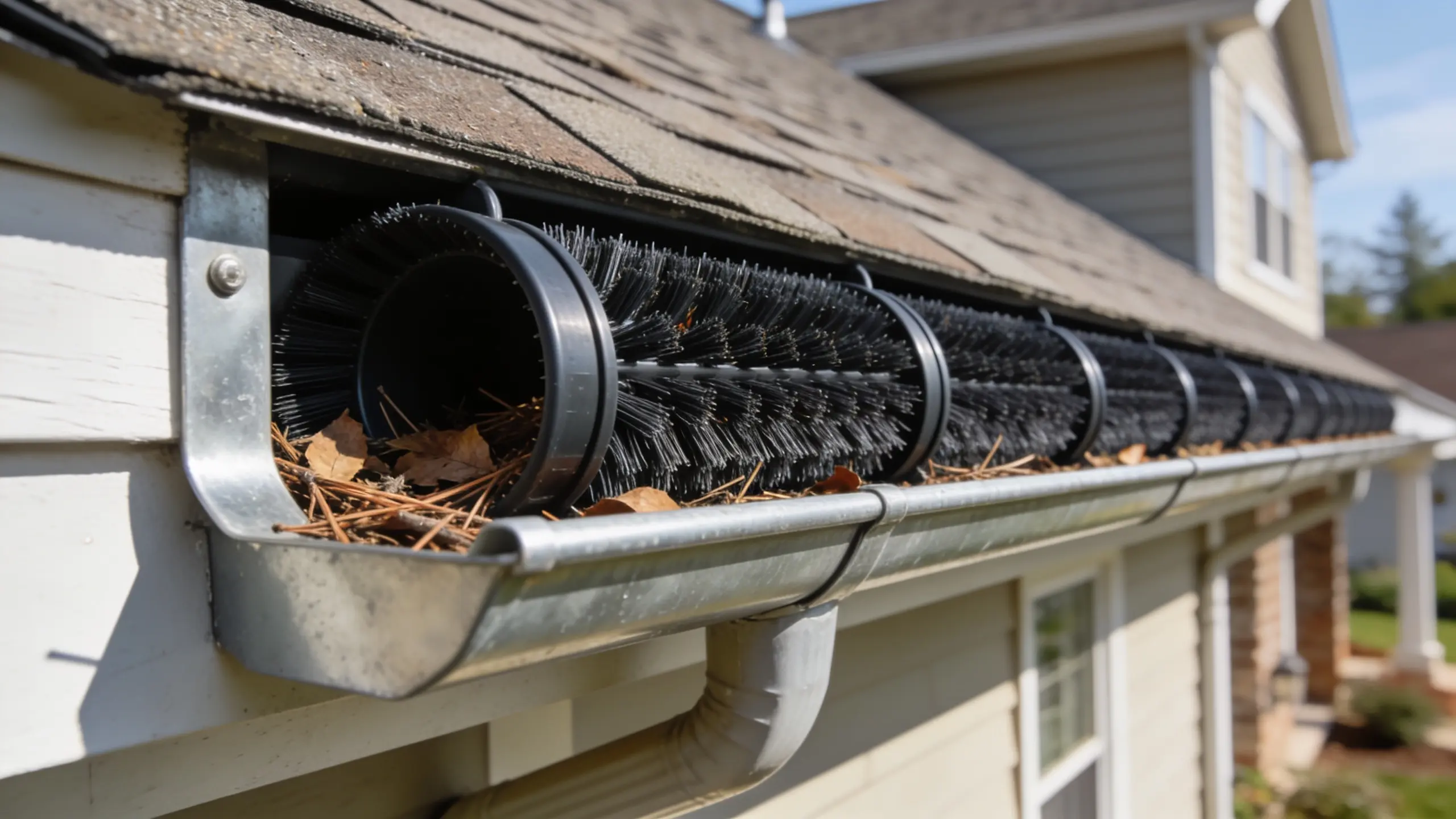 Cylindrical brush-style gutter inserts installed inside a gutter, trapping leaves and pine needles while letting water flow around bristles.