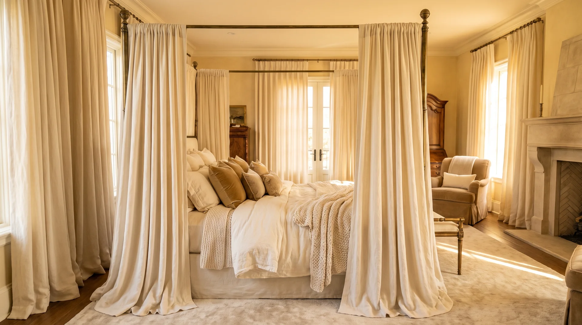Grand four-poster canopy bed with heavy floor-to-ceiling ivory linen drapes, aged brass frame and piled ivory velvet bedding in warm morning light.