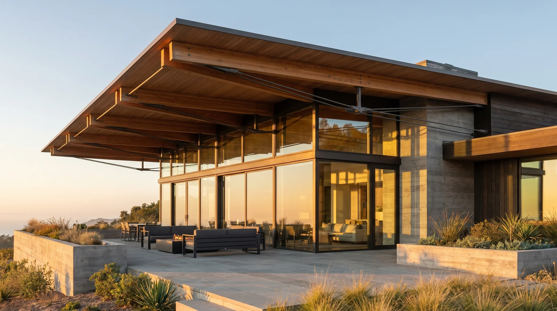 A modern cantilevered roof extension with a wooden underside projecting over an outdoor patio with large glass windows.