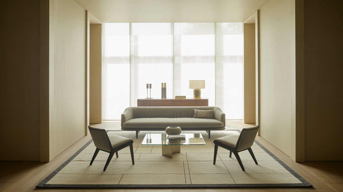 A minimalist narrow living room with a symmetrical furniture layout featuring a central beige sofa and two angled armchairs.