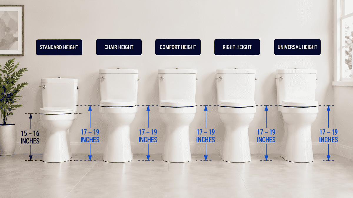Side-by-side toilet height comparison infographic showing standard, chair, comfort, right, and universal heights with measurements.