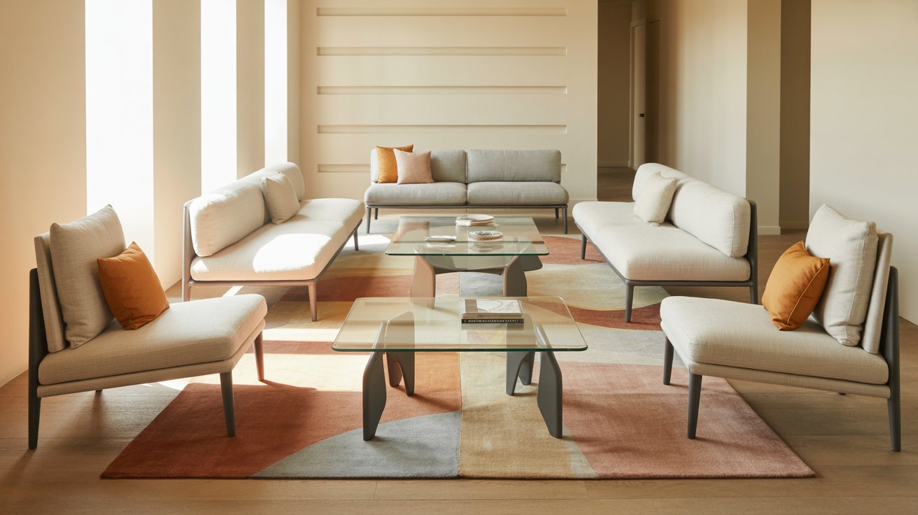 A modern living room with low-profile, open-leg white sofas and armchairs arranged around a glass coffee table.