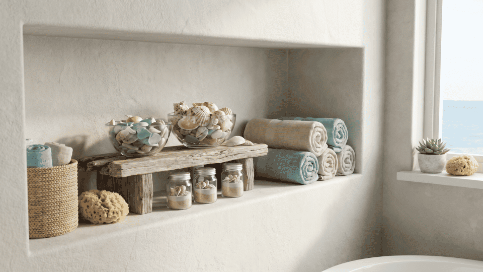 Recessed bathroom shelf with rolled towels, jars, sea sponges, and decorative shells in a neutral spa-style setting