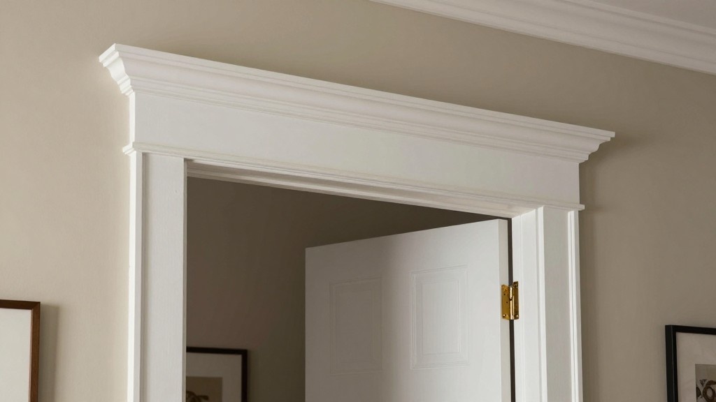 Colonial-style white door casing with wide trim and decorative crown molding detail
