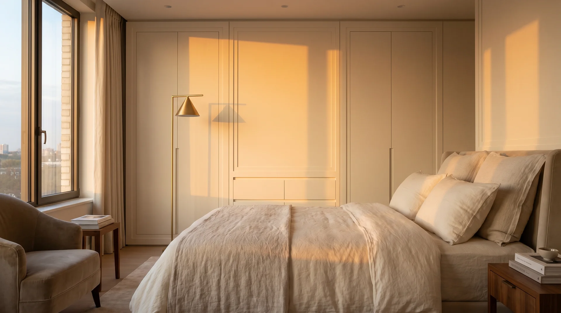 Push-to-open lacquered white cabinetry seamlessly aligned with bedroom wall paneling and no visible hardware.