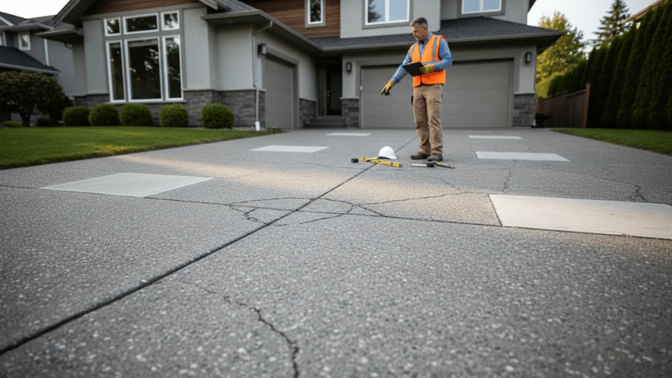 Contractor standing on a concrete driveway inspecting patch repair and crack work in a suburban home under daylight.