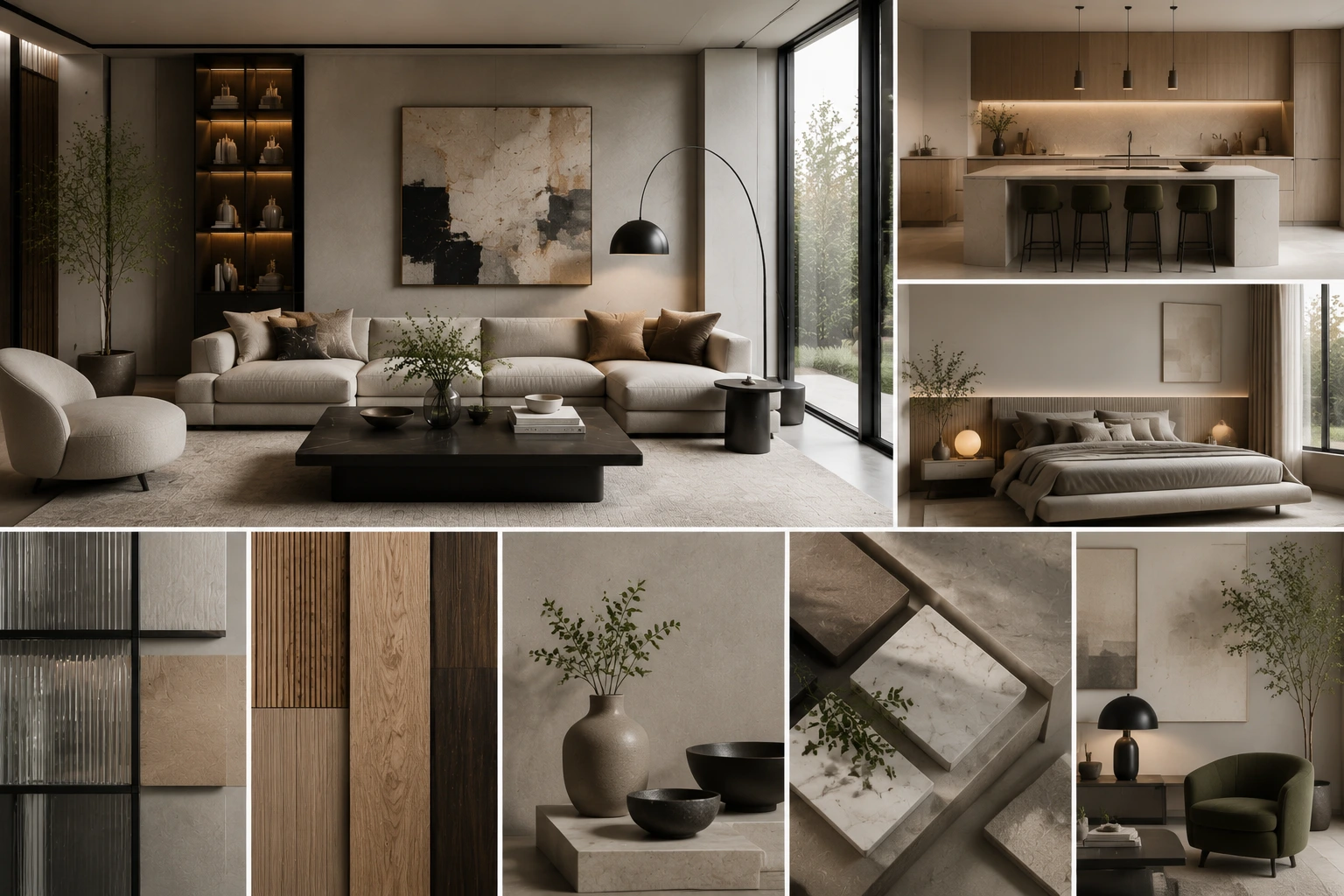 Contemporary interior design moodboard showing a modern living room, kitchen, bedroom, natural materials, neutral tones, and minimalist decor.