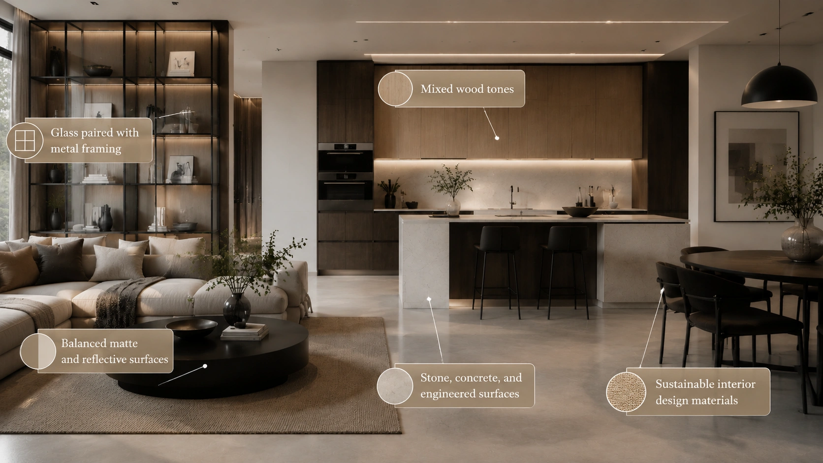 Contemporary interior design materials featuring glass, metal framing, mixed wood tones, matte surfaces, stone, concrete, and sustainable finishes.
