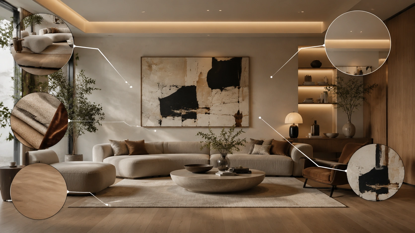 Contemporary style interior design showcasing low profile furniture, layered lighting, soft fabrics, balanced flooring, and statement art.
