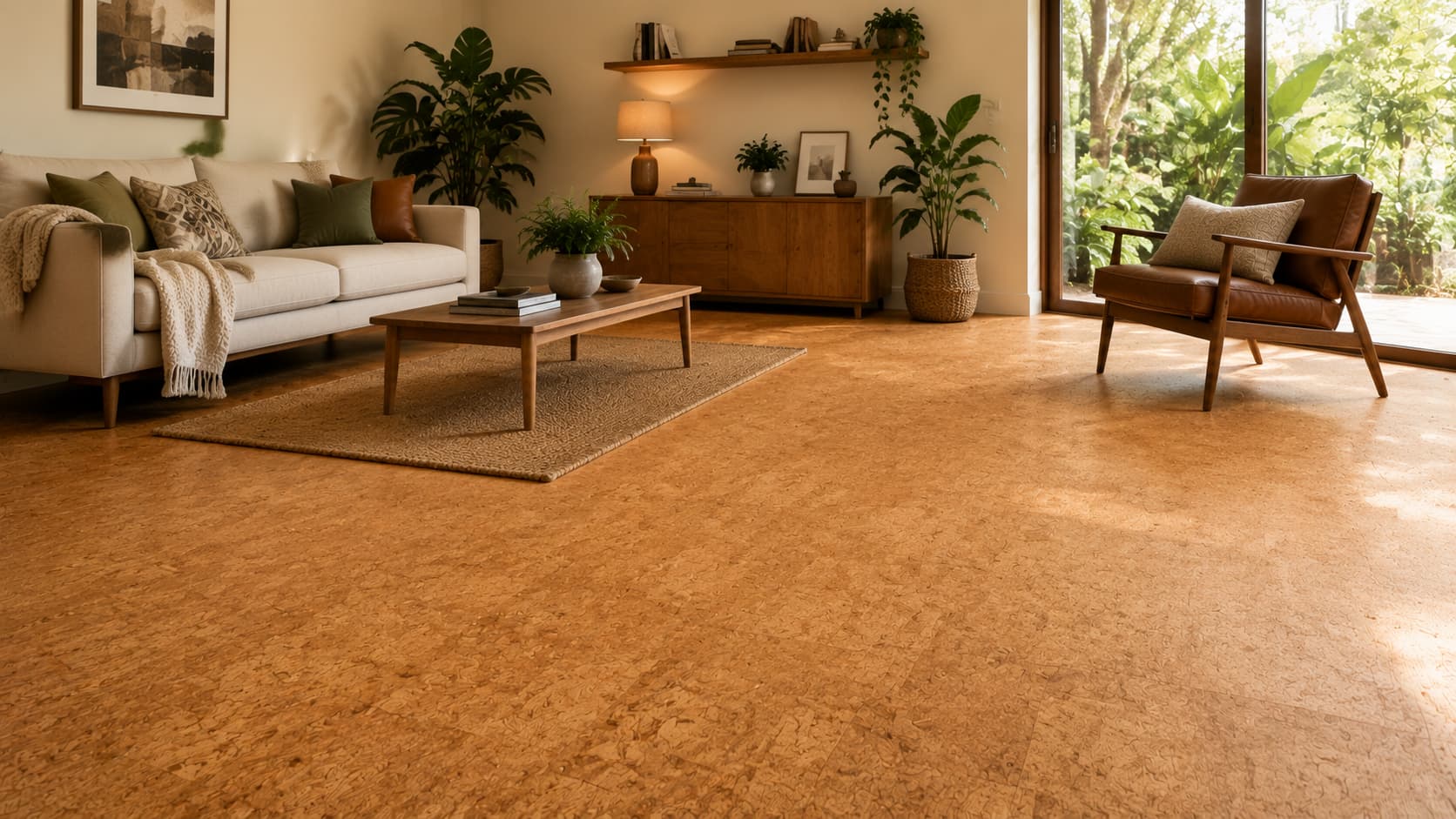 Textured cork flooring installed in a bright, modern living room featuring a white sofa, armchairs, and houseplants.