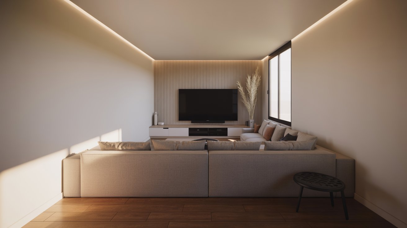 A minimalist narrow living room with a TV mounted on a wood-paneled corner wall, facing a low-profile beige sofa.