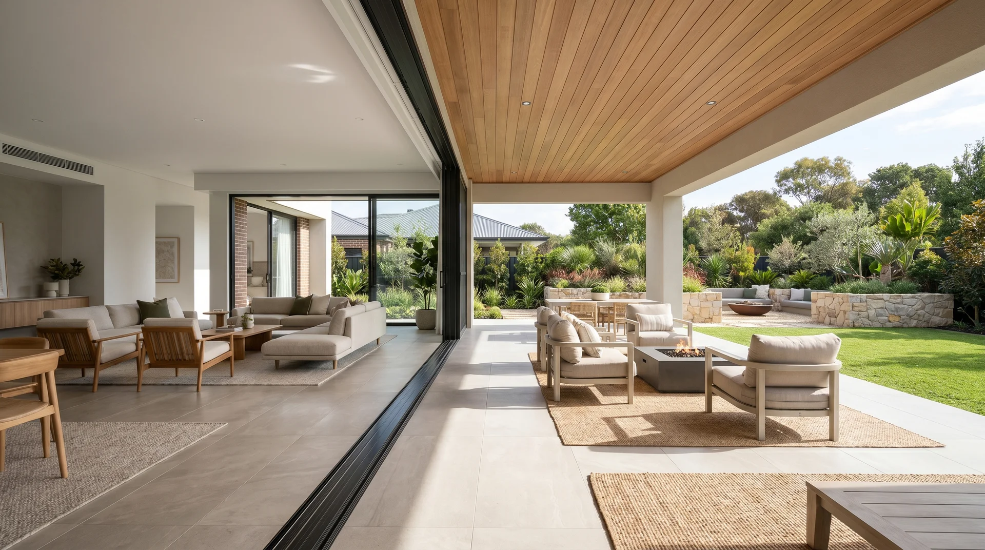 Large sliding glass doors opening completely to connect a modern indoor living room with a covered patio area.