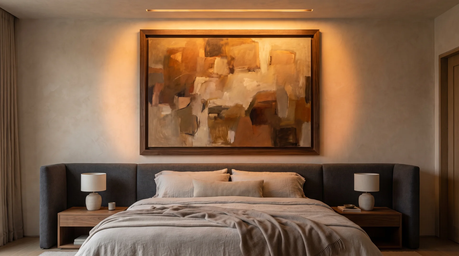 Enormous warm-toned oil on canvas with amber picture light glow above upholstered headboard in luxury bedroom focal wall.