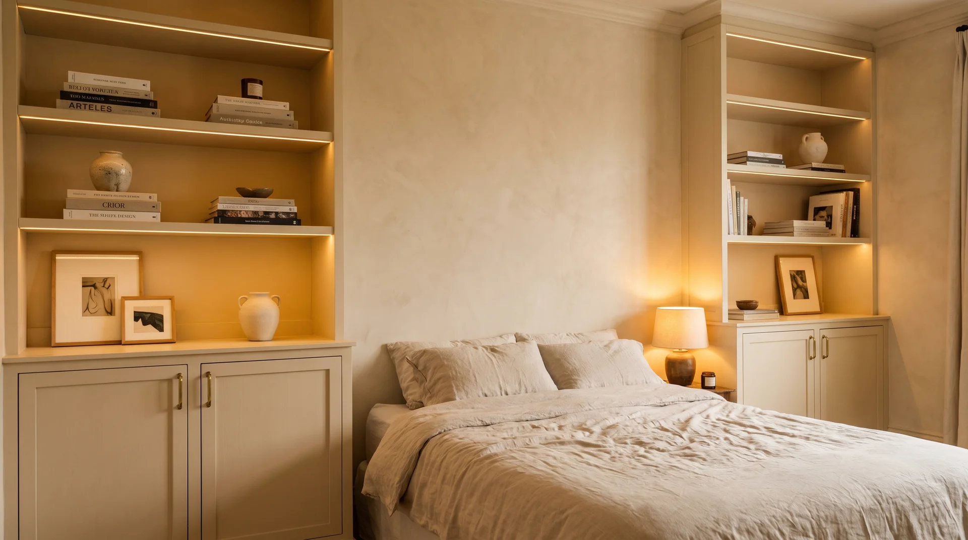 Floor-to-ceiling built-in shelving flanking a luxury bed in warm oat tones with recessed lighting.