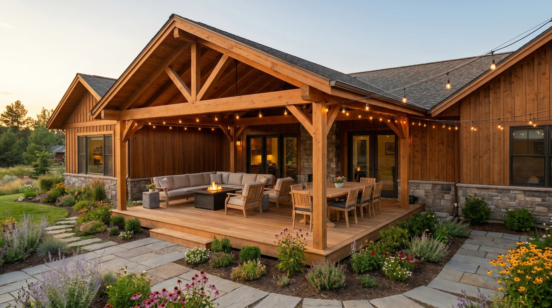A rustic wooden gabled roof extension with exposed timber pillars covering a luxury backyard deck with seating.