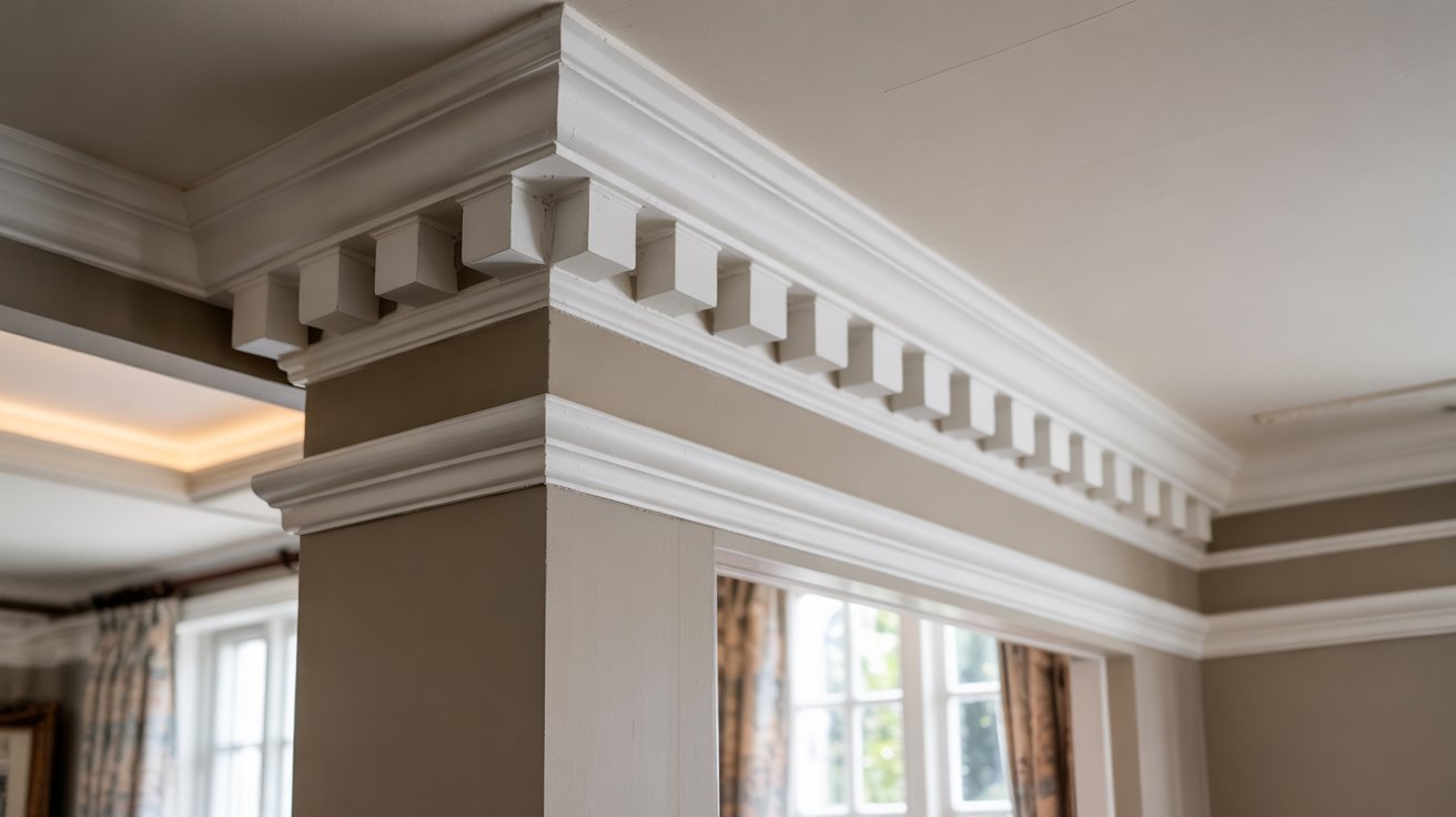 Dentil crown molding detail with decorative block pattern along the ceiling edge in a traditional interior