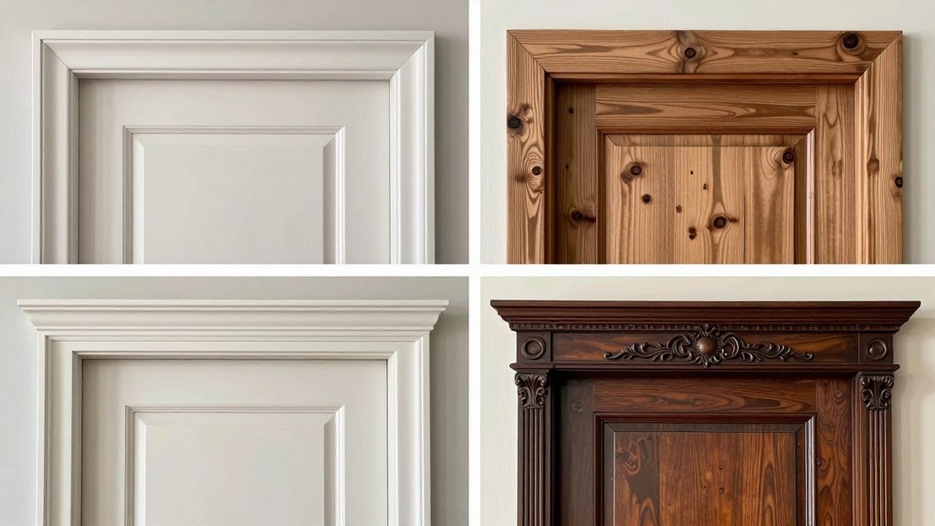 Four door casing styles collage with modern, rustic, colonial, and Victorian designs