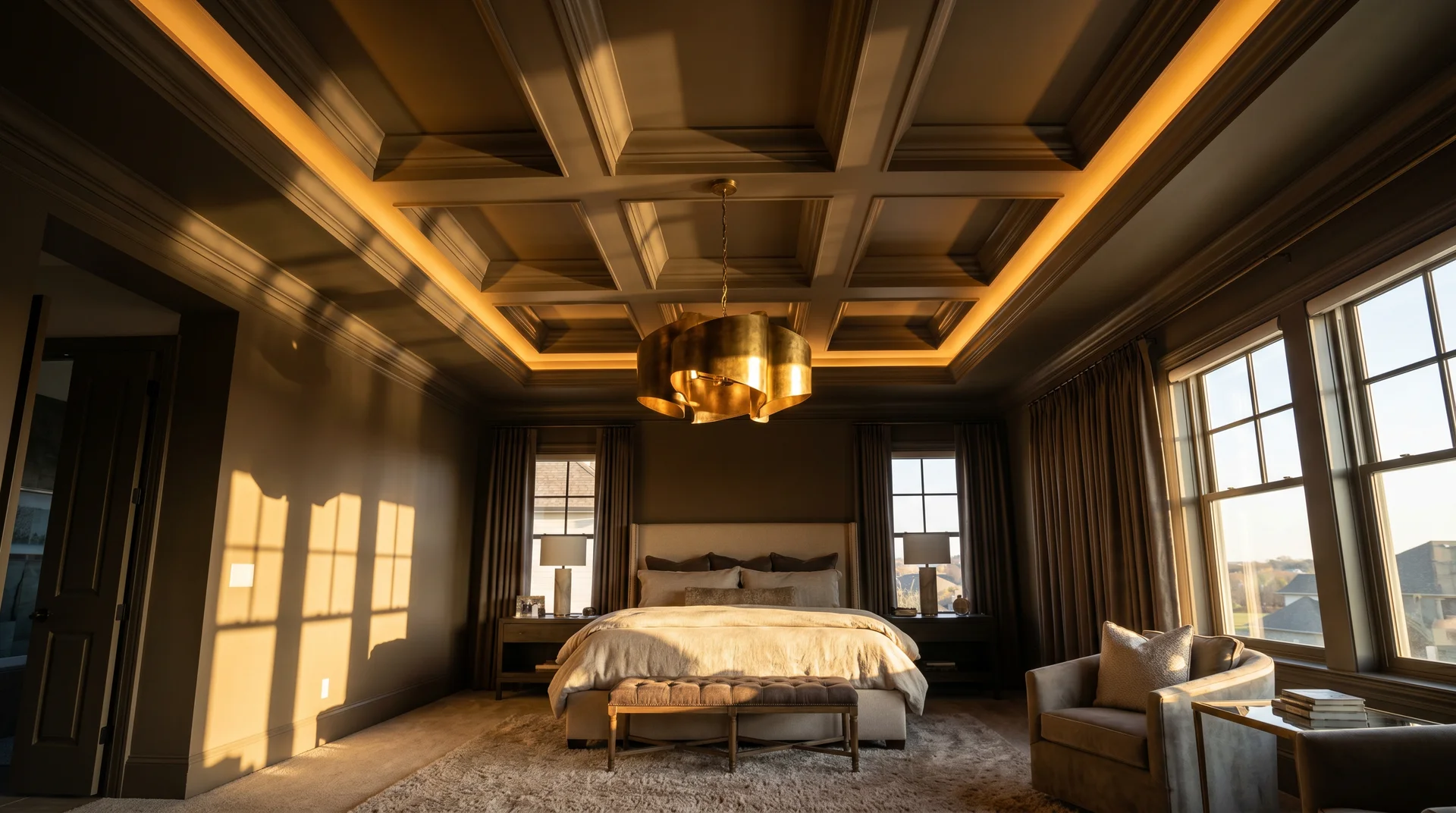 Dramatic luxury bedroom with deep mushroom coffered ceiling, perimeter cove lighting, aged brass chandelier and warm afternoon light.