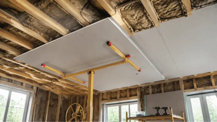 Interior renovation scene showing 5/8 inch drywall being installed on ceiling joists, highlighting overhead installation strength, sag resistance, and construction tools in use.