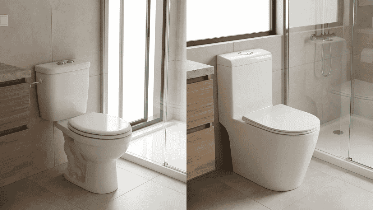 Side-by-side comparison of an older toilet and a modern dual-flush toilet in a bright, neutral bathroom.