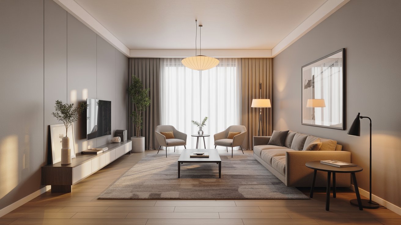 A long, narrow modern living room with a neutral sofa, separate armchair seating zone, and a large central area rug.