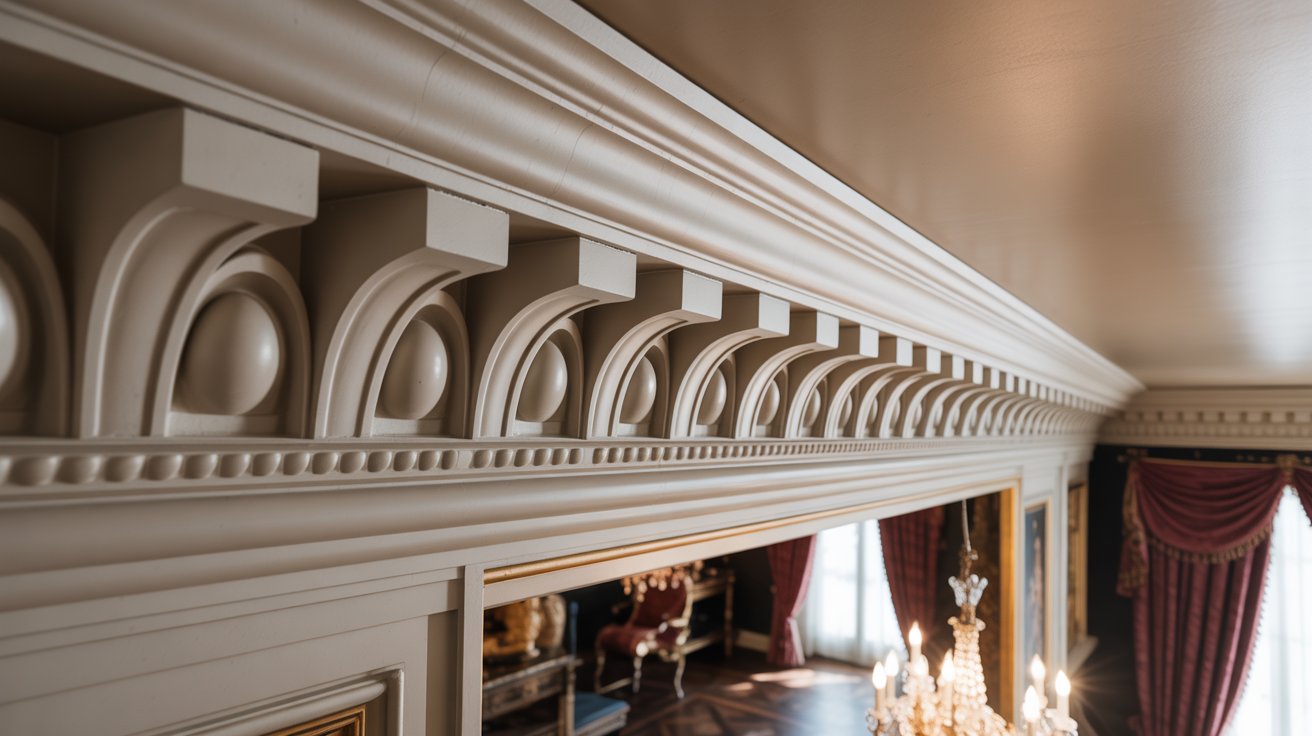 Egg and dart crown molding detail with repeating oval and curved patterns in an ornate traditional interior