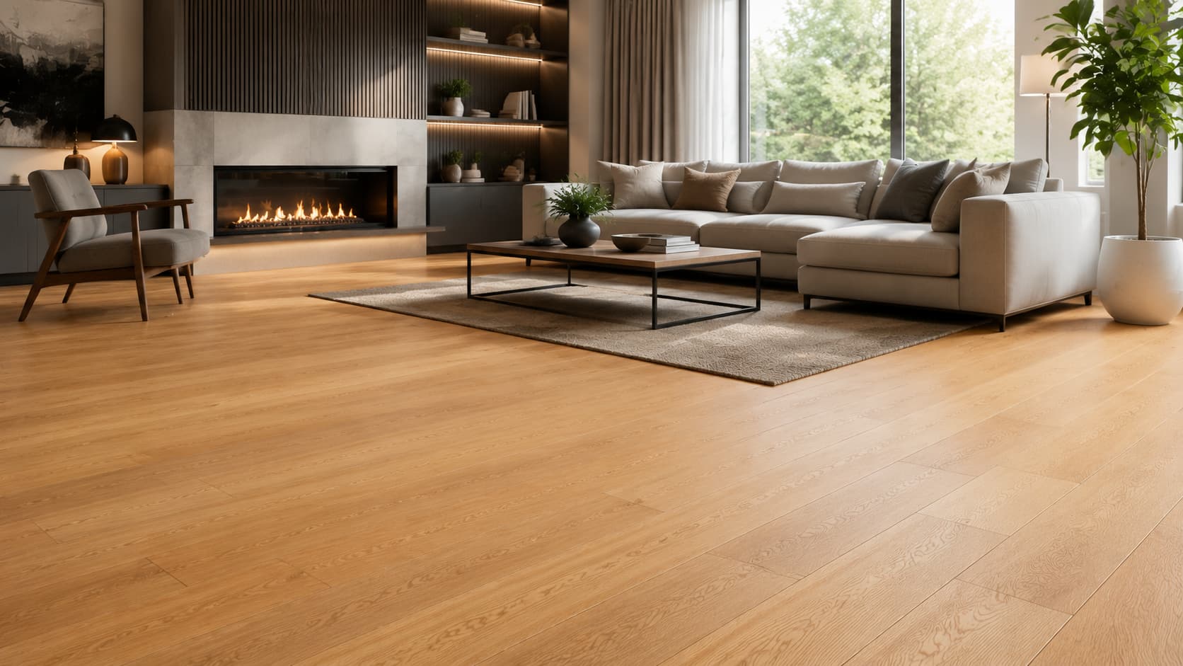 Light brown engineered wood flooring installed in a modern living room with a grey sofa, fireplace, and large window.