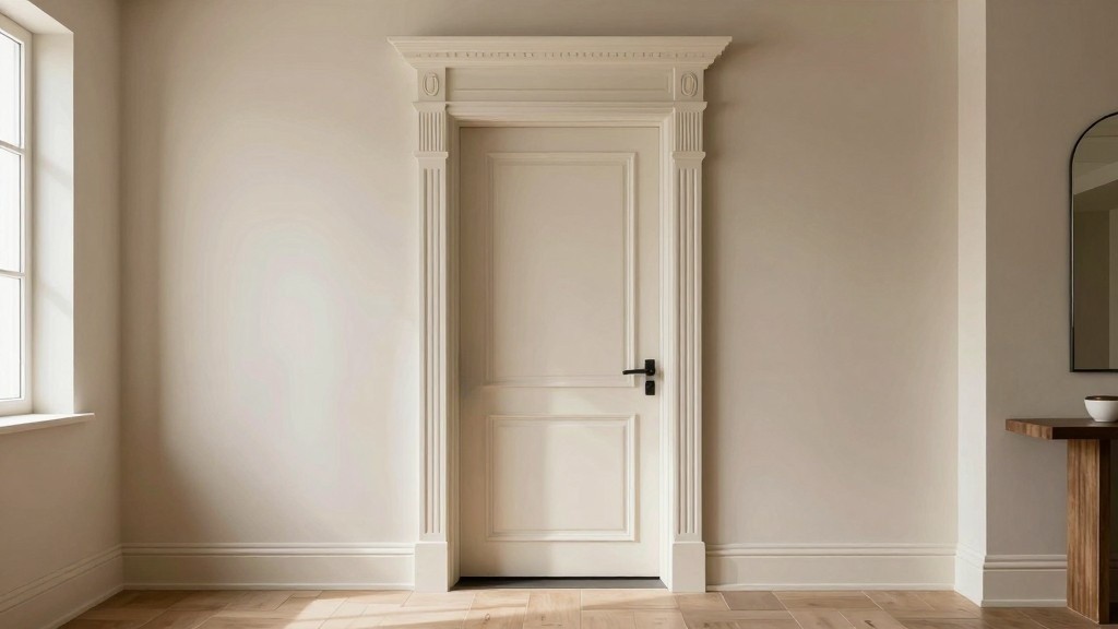 Living room doorway with natural wood casing opening into a cozy seating area