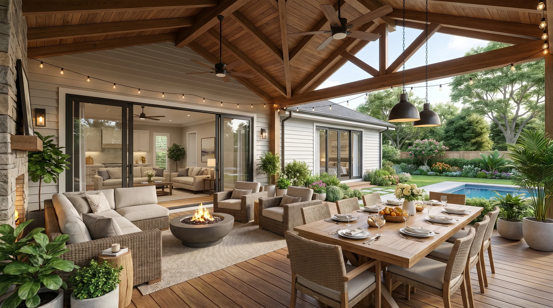 A spacious wooden deck under a covered timber roof extension featuring an outdoor dining set and lounge area.