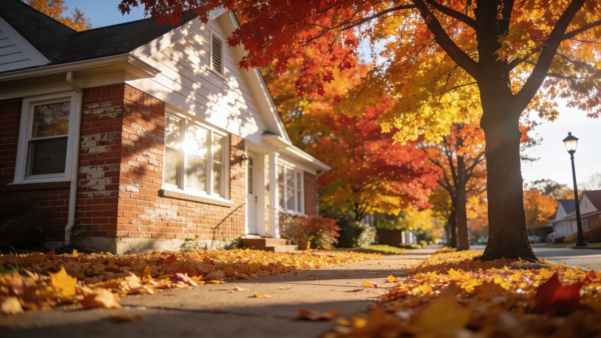 Traditional brick veneer home on a tree-lined US street in warm autumn light.