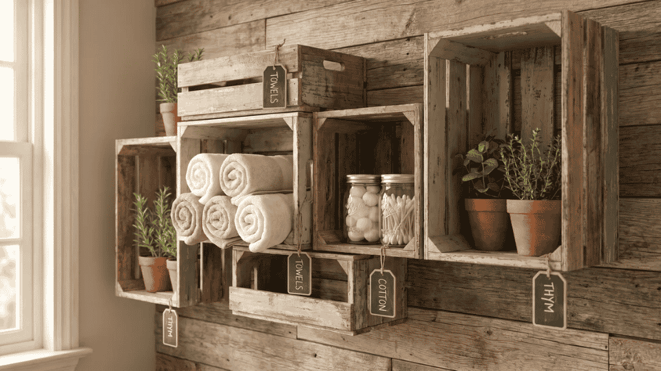 Bathroom wall with rustic wooden crates holding rolled towels, jars, and potted plants, farmhouse spa-style setup.