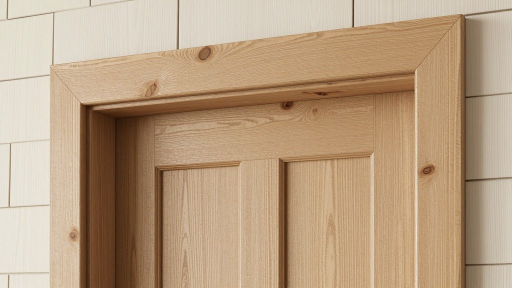 Farmhouse-style wooden door casing with thick trim, visible knots, and natural pine finish
