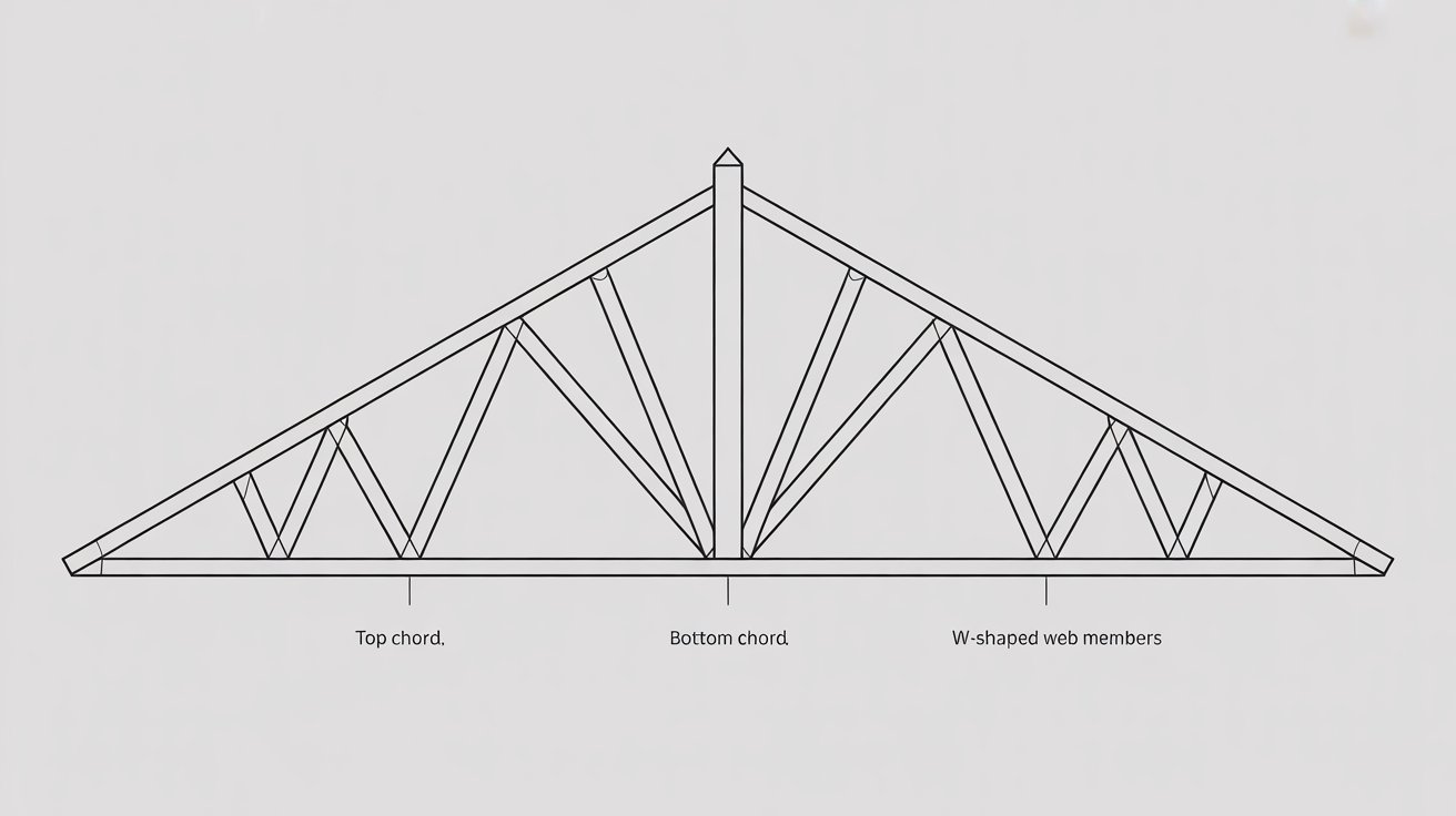 Fink roof truss diagram showing W-shaped web pattern, top chord, bottom chord, and web members labeled.