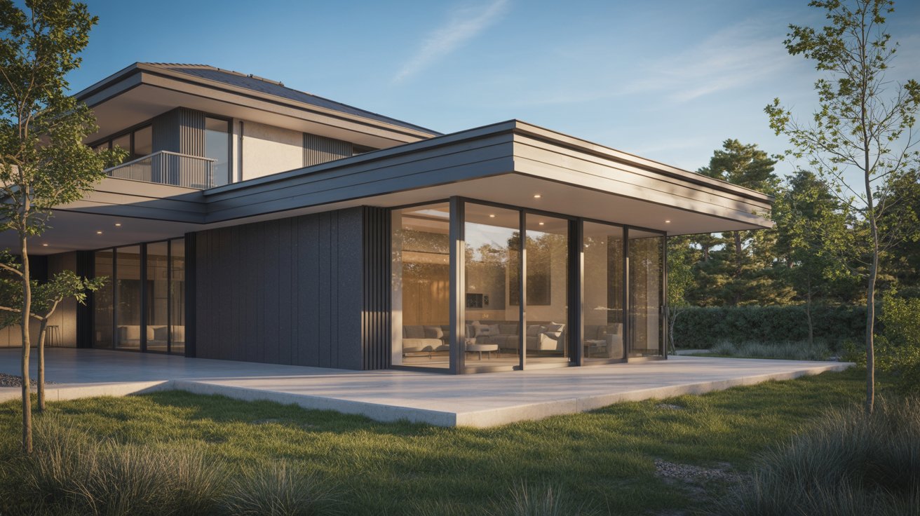 A modern two-story house featuring a sleek, flat roof extension over a minimalist glass patio area.