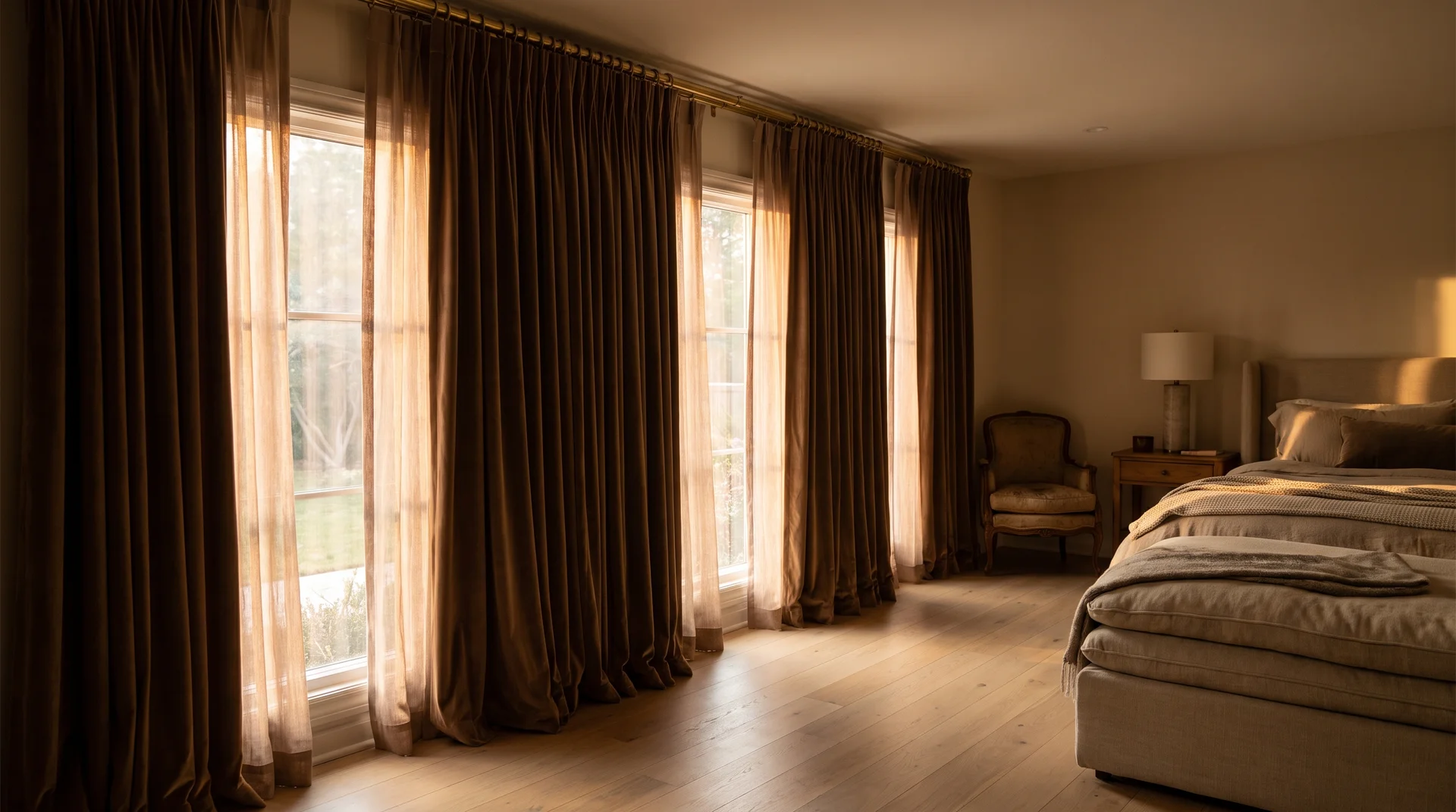 Deep mocha velvet floor-to-ceiling curtains with generous puddle on white oak floor backlit by warm afternoon sun in luxury bedroom.