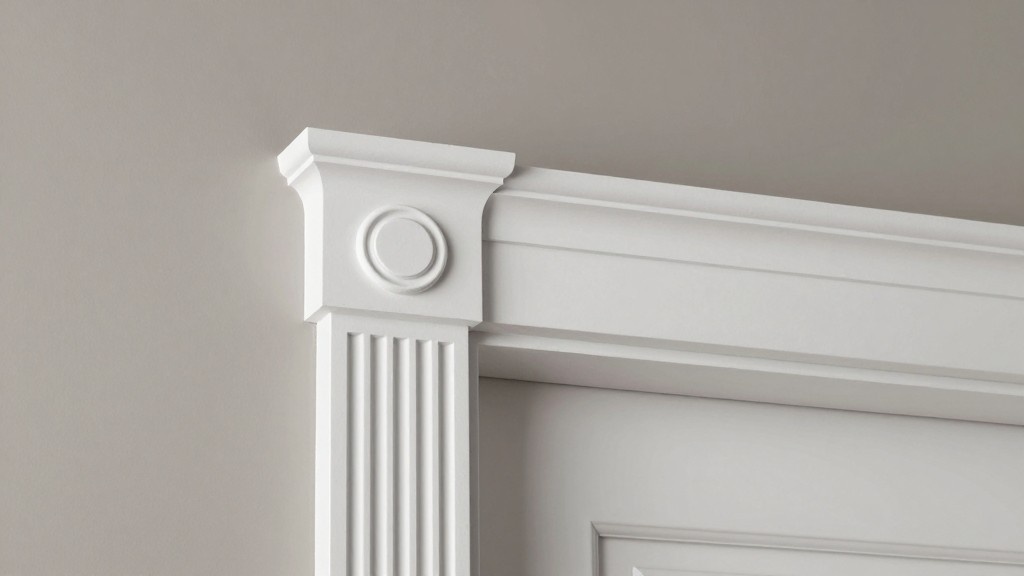 White fluted door casing with vertical grooves and decorative corner block detail