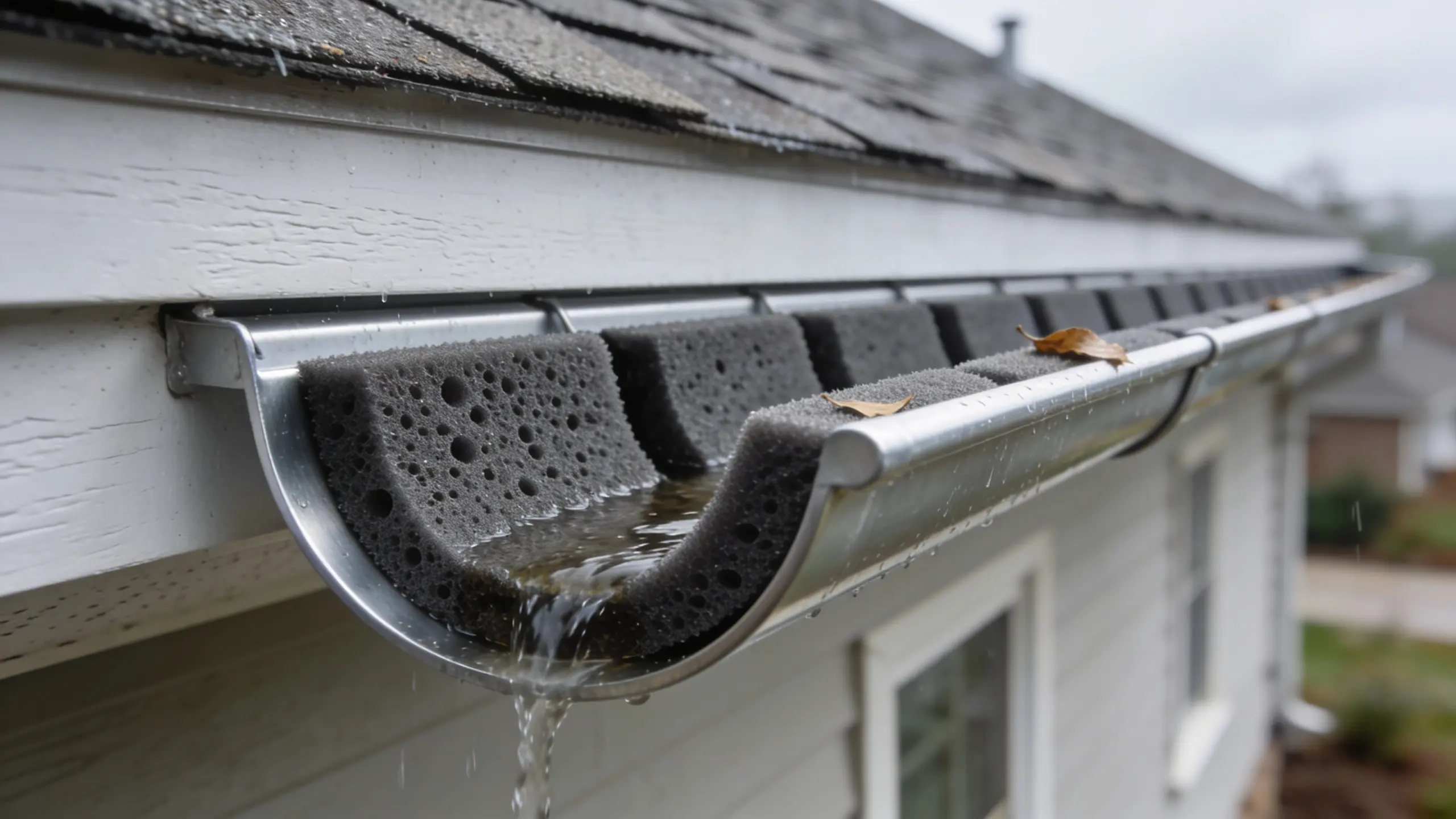 Porous foam inserts placed inside a residential gutter channel, allowing water to pass through while blocking leaves and debris.