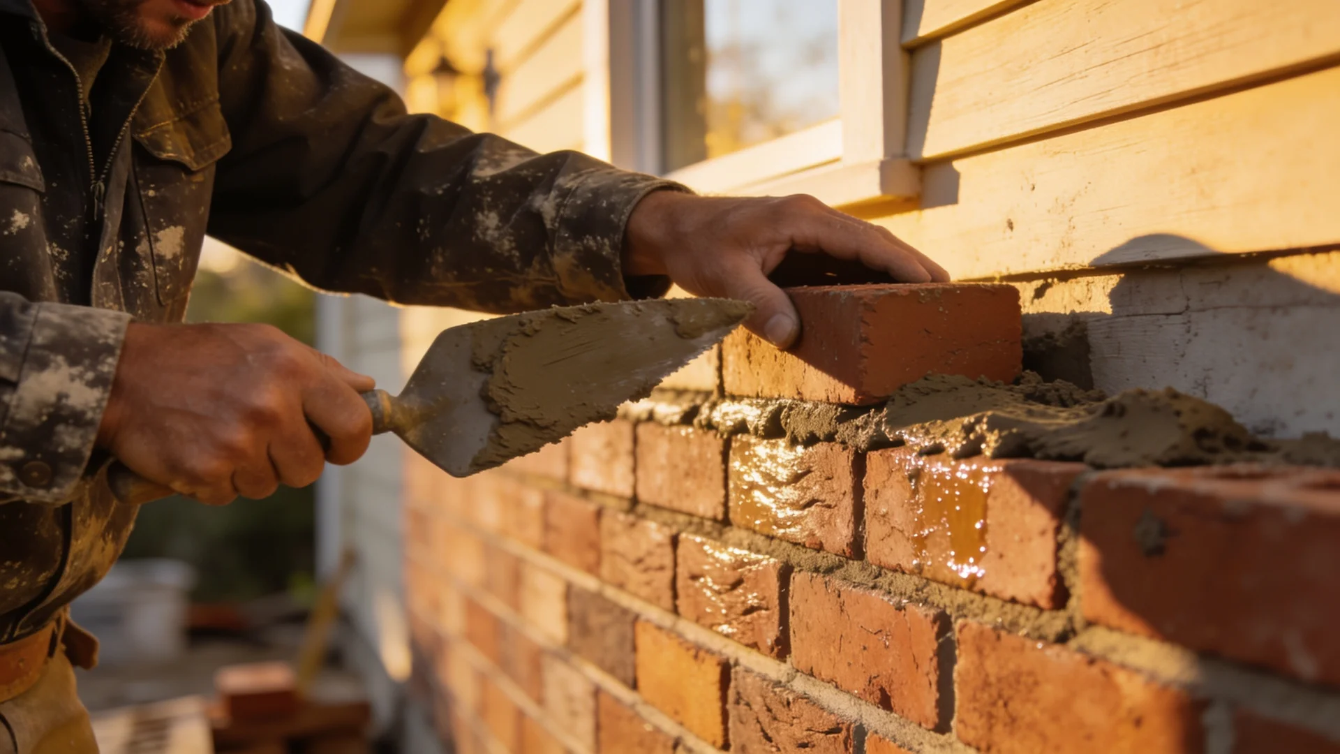 Skilled mason laying full brick veneer on a sunlit home exterior with fresh mortar.