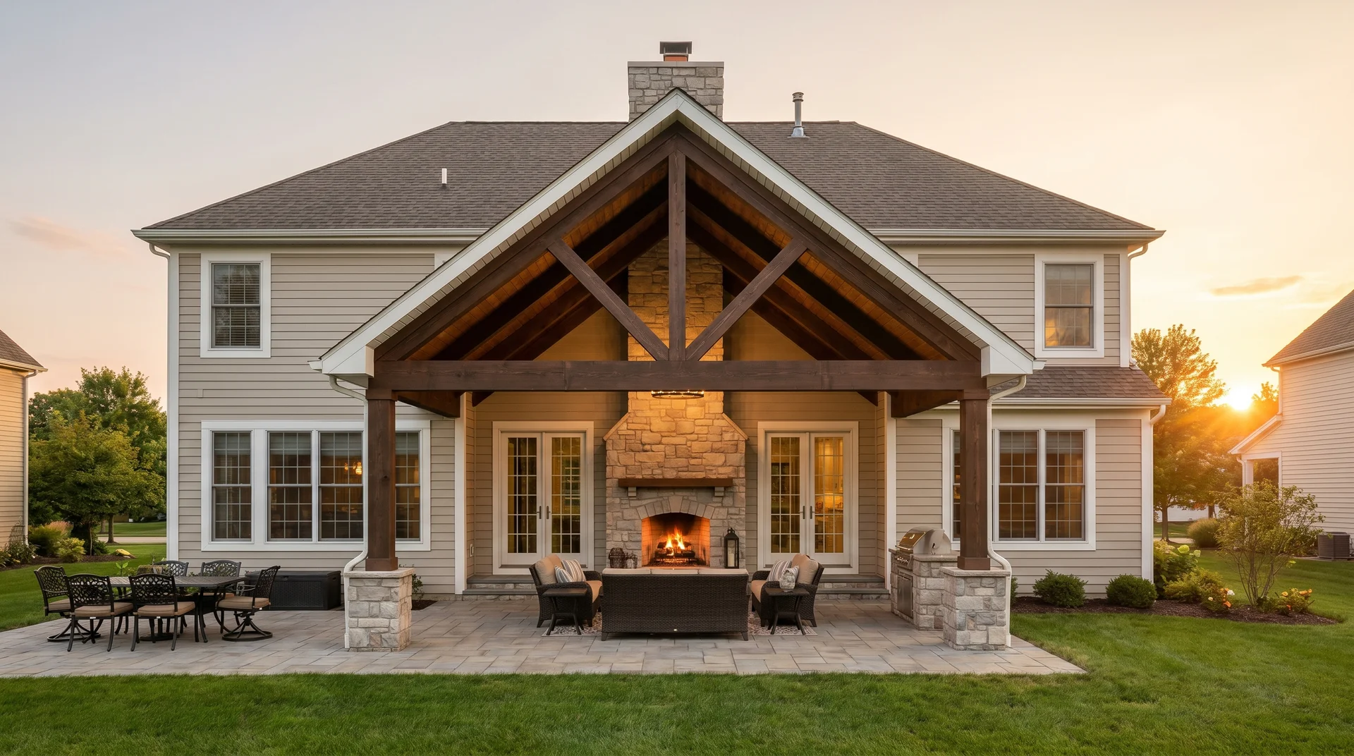 A grand gabled roof extension with exposed timber beams covering an outdoor lounge and brick fireplace patio.