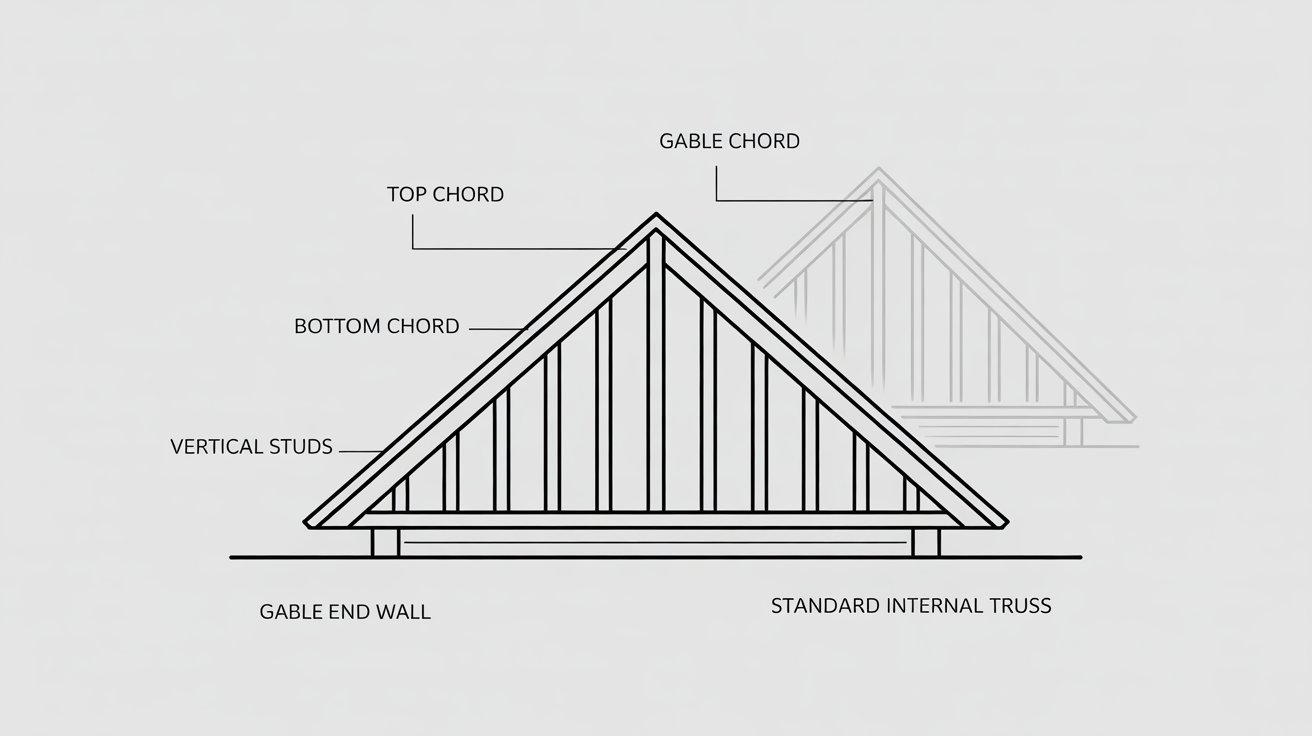 gable roof truss diagram showing triangular end wall, vertical studs, top chord, and bottom chord labeled.