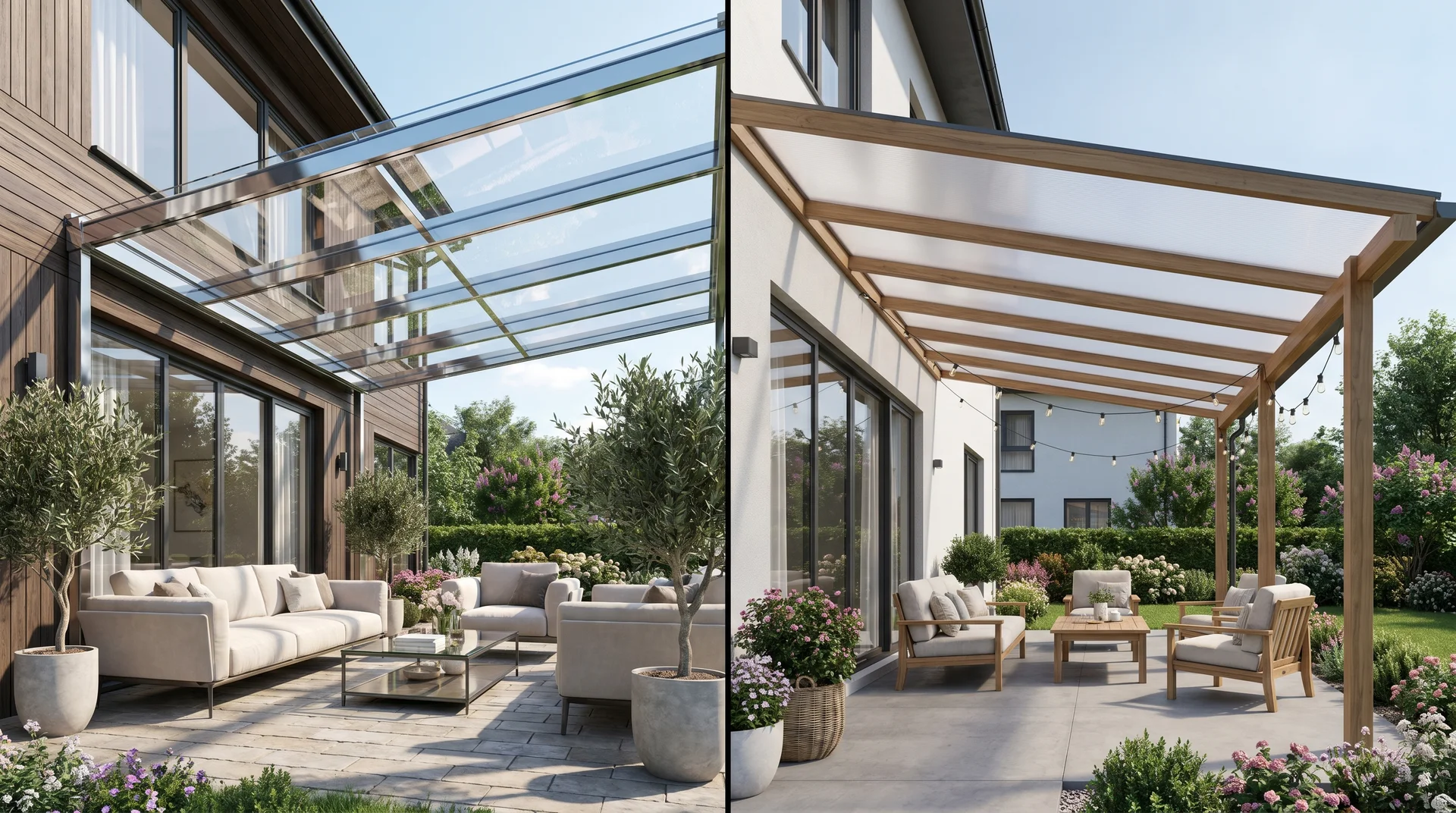Side-by-side comparison of a modern glass roof extension and a transparent polycarbonate patio cover.