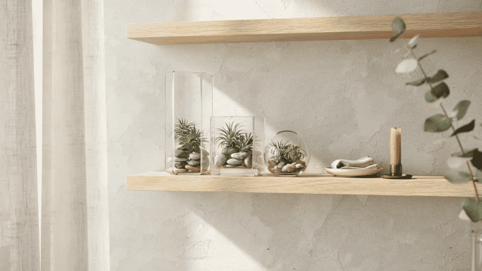 Floating bathroom shelves with glass terrariums, small plants, candle, and minimal neutral spa-style decor.