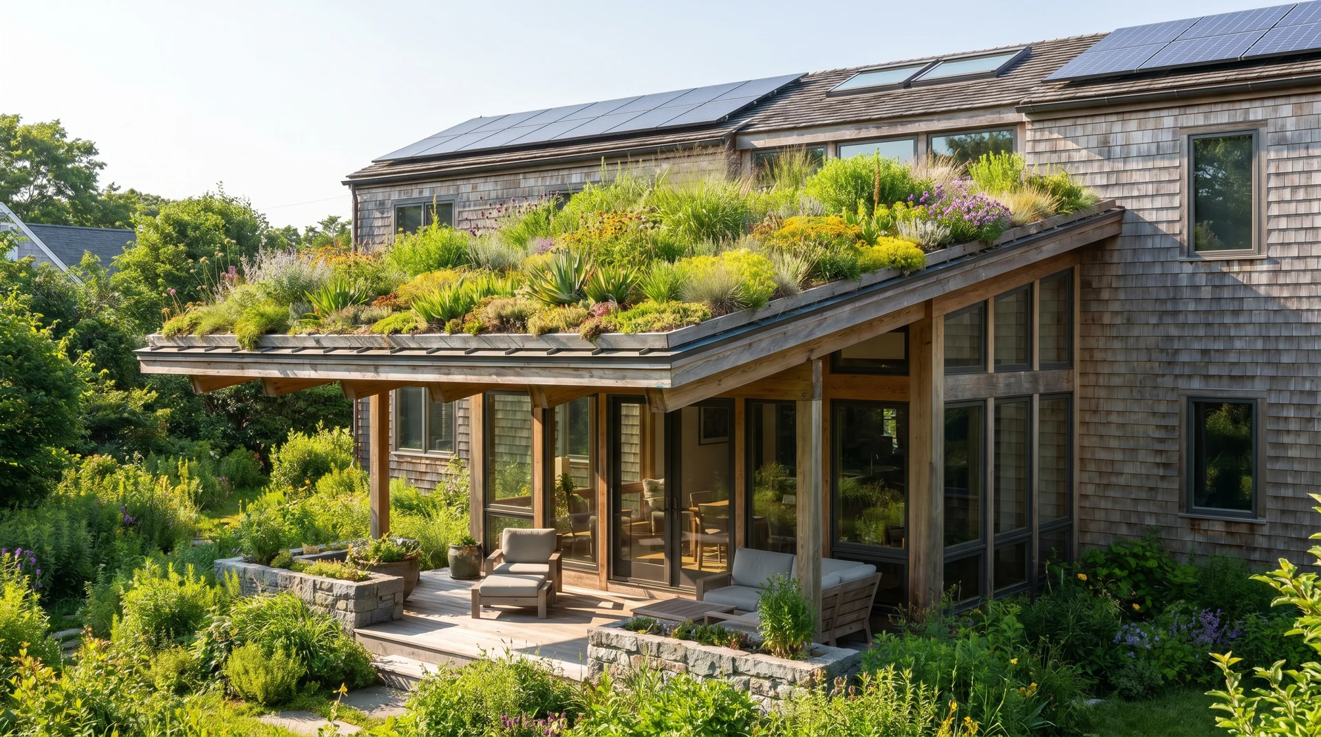 A modern house featuring a living green roof extension covered in plants and vegetation over a timber patio.