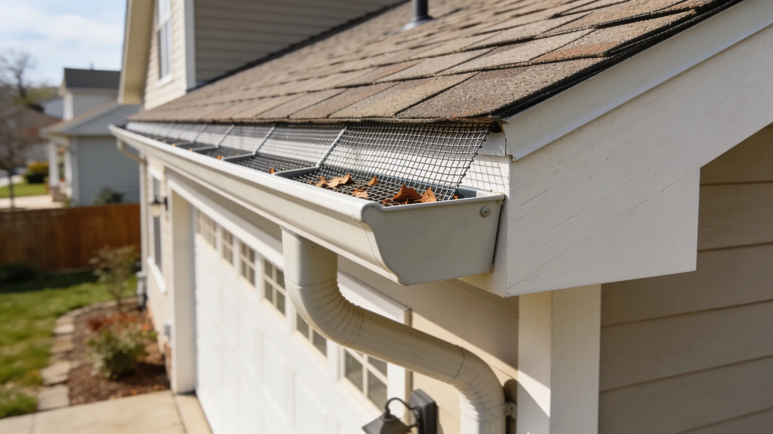 Roof gutter with a newly installed stainless steel mesh gutter guard protecting against leaves, pine needles, and debris on a suburban house exterior