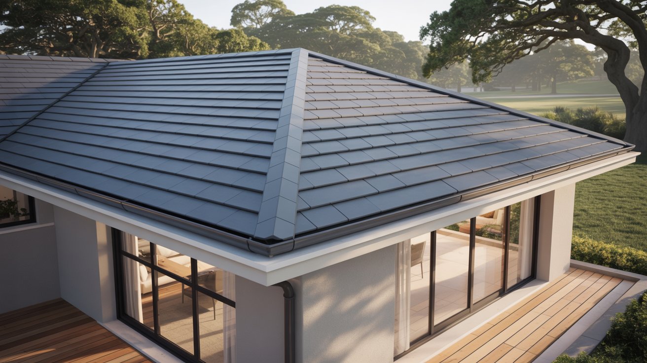 A modern house with a dark gray tiled hip roof extension sloping down on all sides over a glass patio.