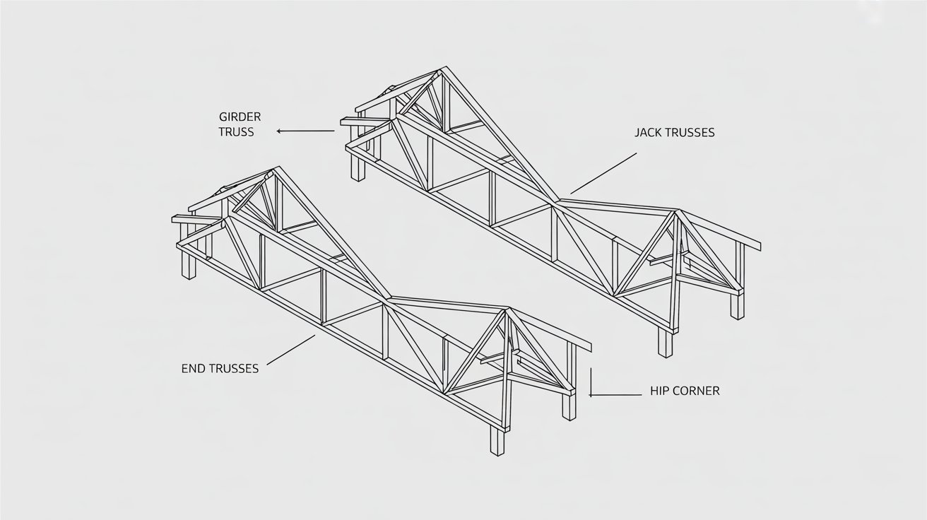 hip roof truss system diagram showing girder truss, jack trusses, end truss, and a four-sided slope labeled.