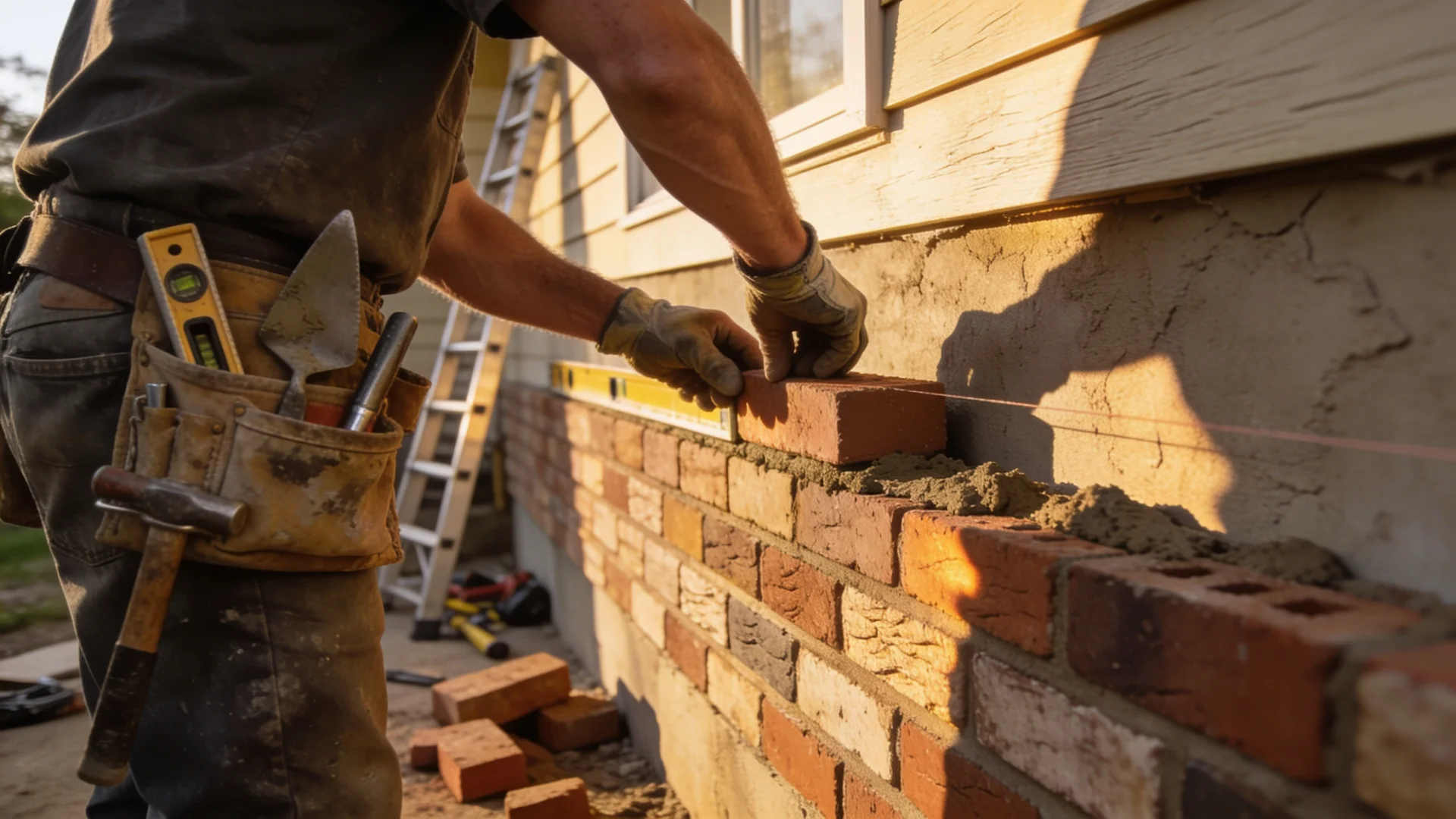Masonry contractor setting brick veneer on a home exterior in warm afternoon light.