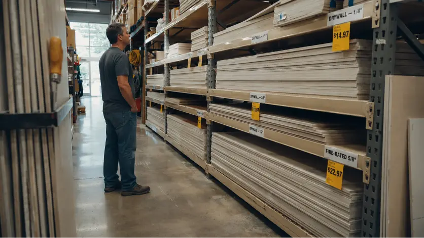 Man in hardware store aisle comparing stacked drywall sheets by thickness, including standard and fire-rated options.