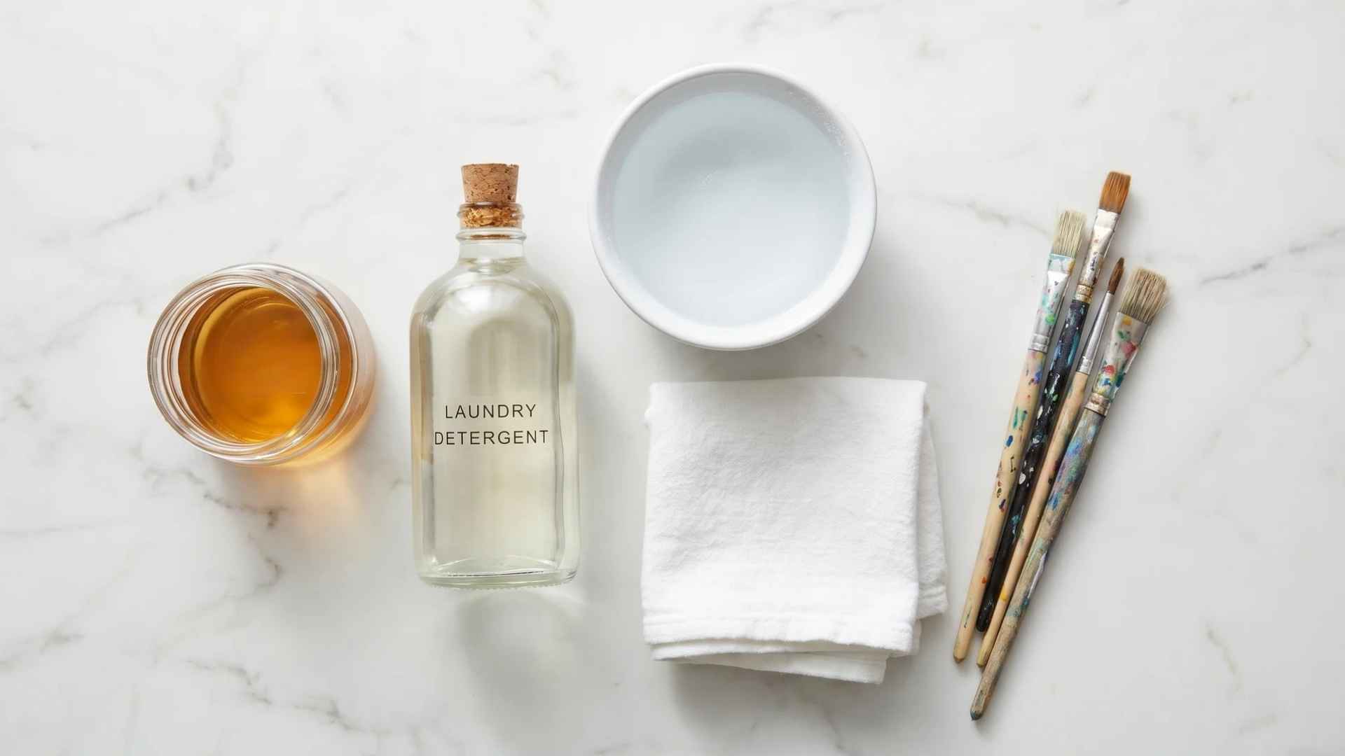 Cleaning supplies, soap, and paintbrushes arranged on a marble surface for dried paint brush cleaning.
